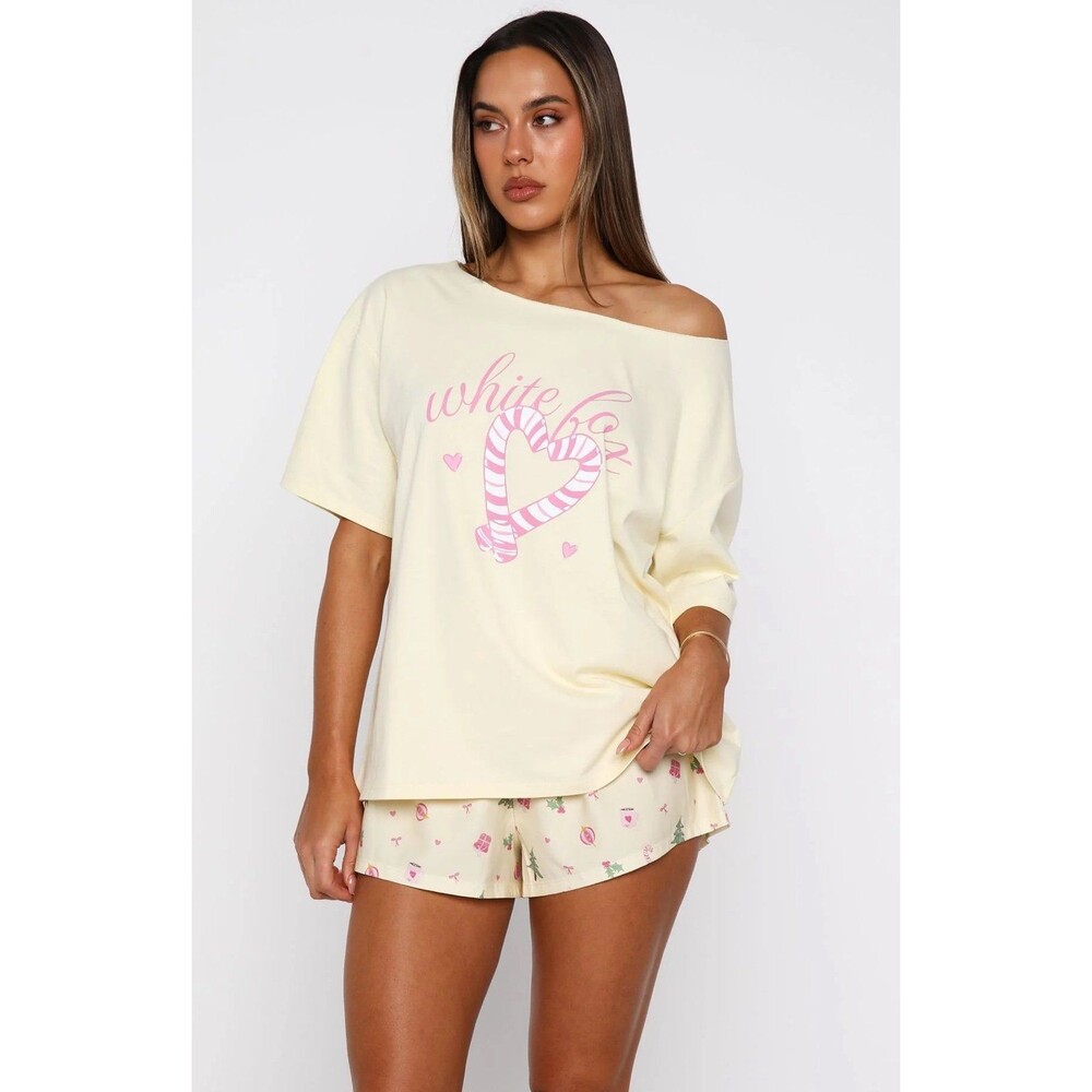 White Fox Butter Yellow Candy Cane Sweetheart Pajama Off Shoulder Top Size S/M